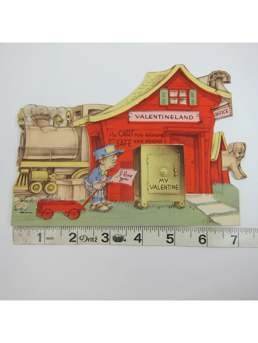 Vintage Valentine Card Mechanical Train Dog Moves Door Opens to Girl in Pink XL